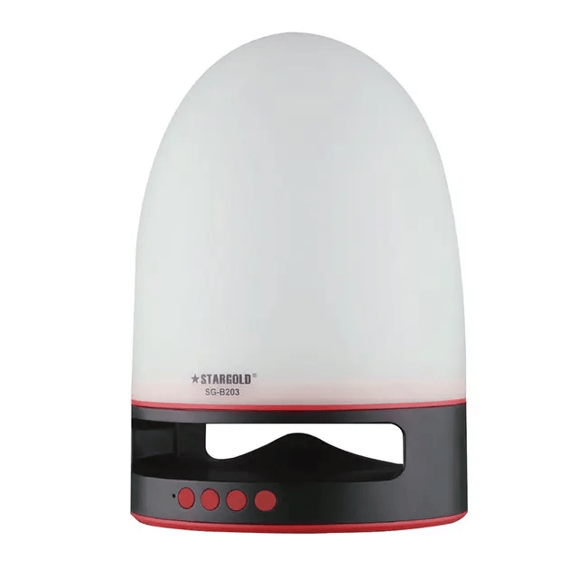 A portable, white dome-shaped night light and Bluetooth speaker with a black base, red trim, and front control buttons, displaying the Stargold SG-B203 logo.