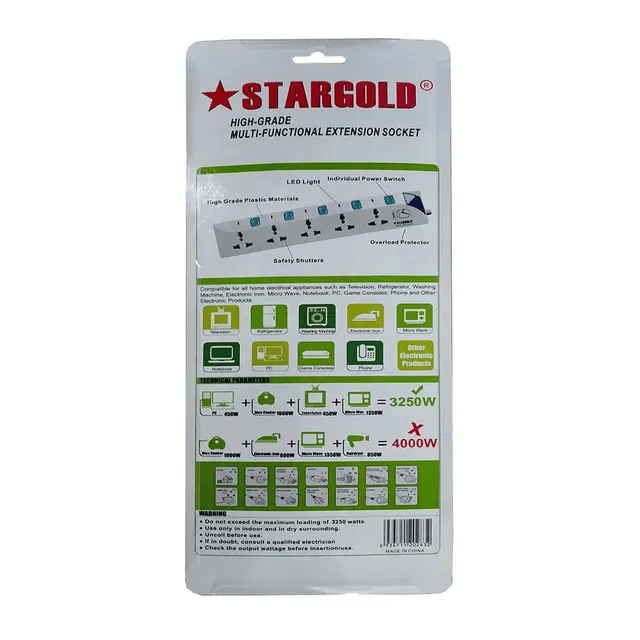 Retail packaging for a Stargold high-grade multi-functional extension socket showing product features, safety parameters, and wattage guidelines.