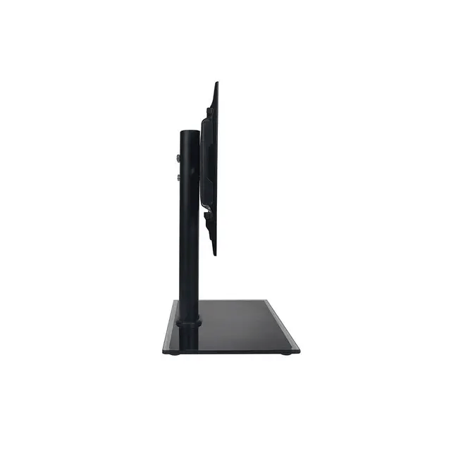 Side profile of a black metal TV stand mount featuring a sturdy flat rectangular glass base and an adjustable vertical mounting bracket.